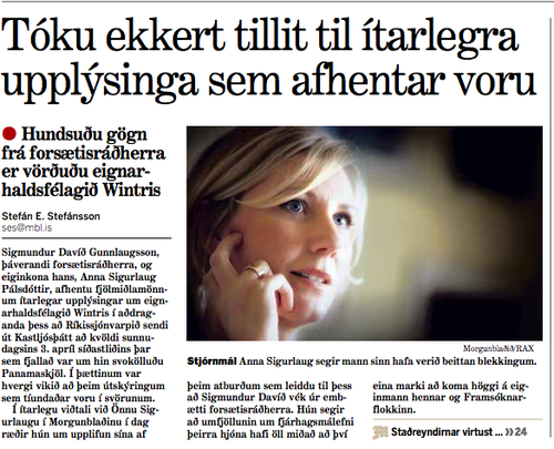 Frétt á forsíðu Morgunblaðsins í dag, úr viðtali við Önnu Sigurlaugu Pálsdóttur, eiginkonu Sigmundar Davíðs Gunnlaugssonar.