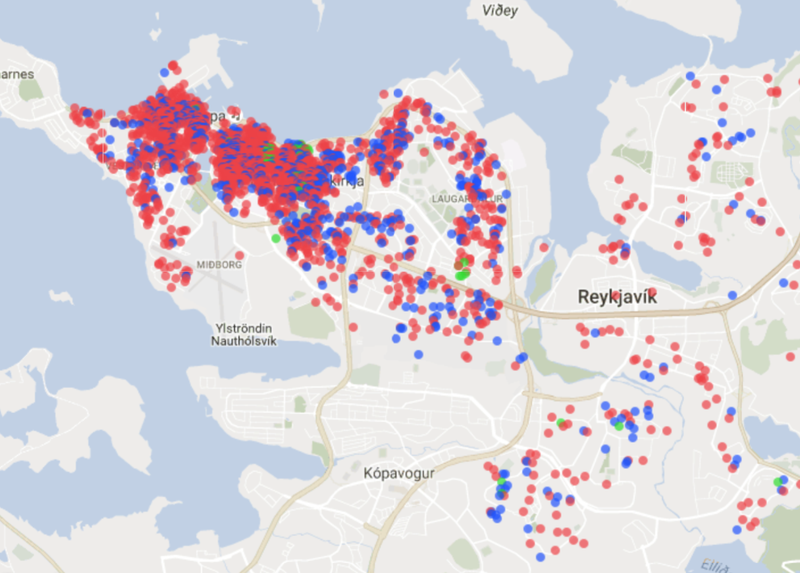 Skráningar á AirBnB nóvember 2016.