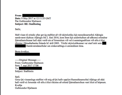 Búið var að strika yfir nafn þess sem sendi póstinn sem Ólafur birtir sem nýtt frumgagn áður en hann var birtur á Söluferli.is. Það er þó hægt að afrita textann og líma hann annars staðar. Þá kemur í ljós að sendandinn er Guðmundur Ólason.