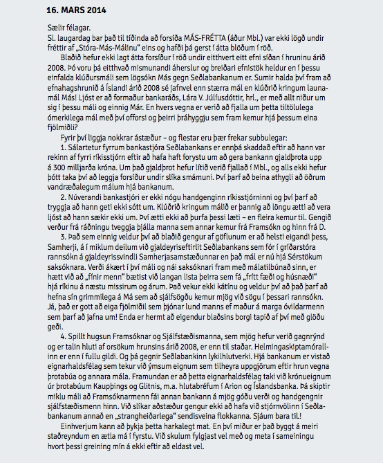 Tölvupóstur Helga Magnússonar 14. mars 2014.