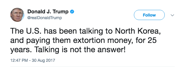 Færsla Donalds Trump í dag, 30. ágúst.