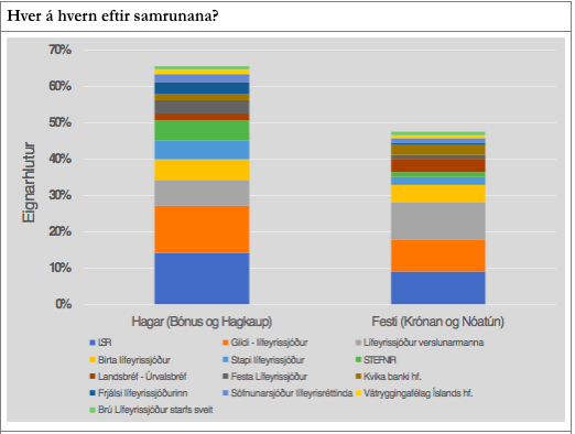 Myndin sýnir þau 13 félög sem eiga hlut bæði í Högum og Festi, ef samrunarnir fara í gegn.