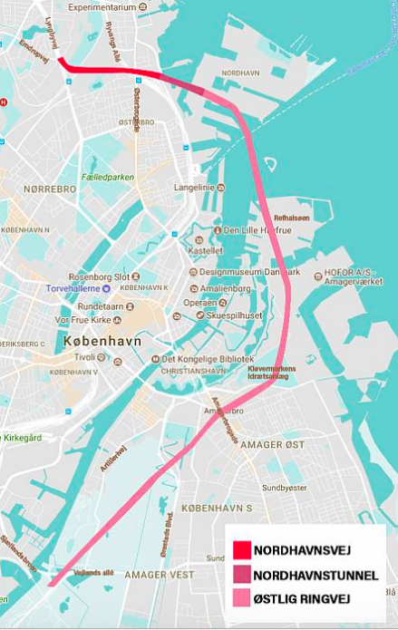 Hér má sjá fyrirhuguð göng eftir Amager og upp í Norðurhöfnina.