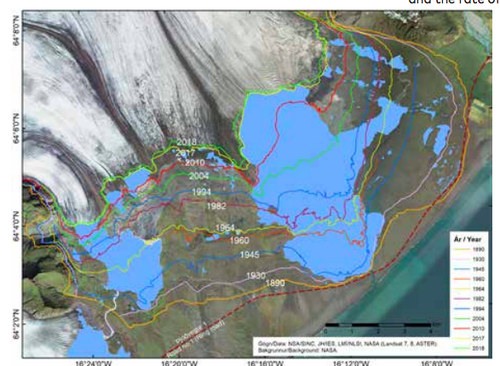 Breytingar á jaðri Breiðamerkurjökuls (t.v.) og heildarflatarmál lóna við jökuljaðarinn  á mismunandi tímum frá lokum 19. aldar. Mynd: Hörfandi jöklar