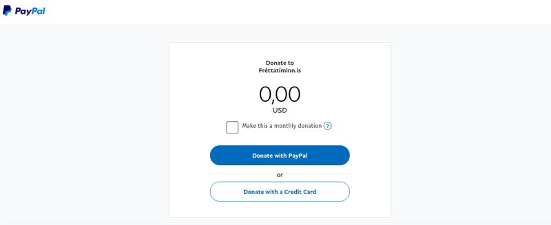 Viðmótið sem birtist í Paypal þegar valið er að styrkja Fréttatímann í Bandaríkjadölum.