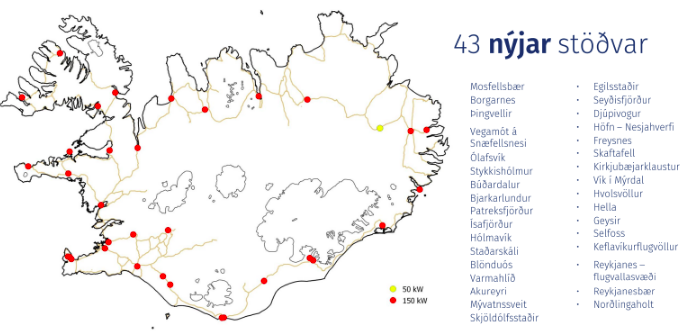 Staðsetning nýju hleðslustöðvanna. Mynd: Umhverfisráðuneytið