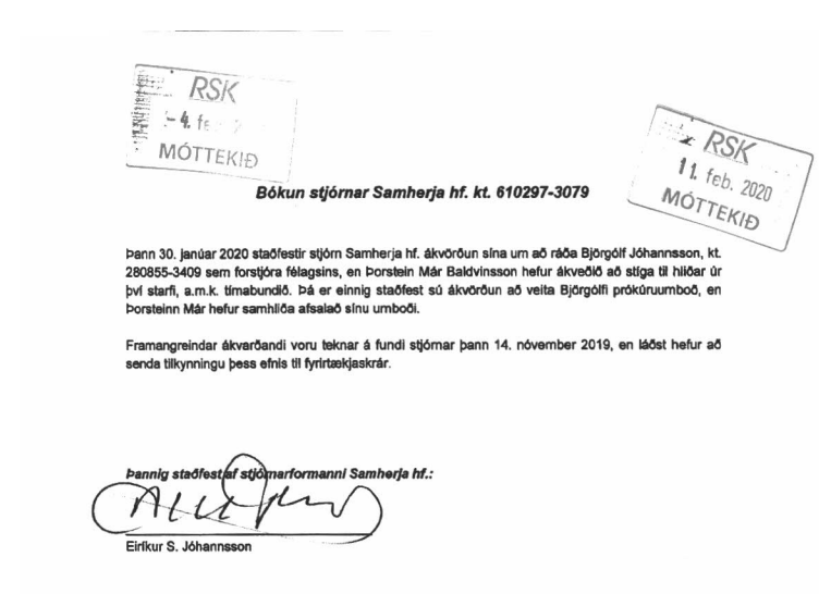 Tilkynning stjórnar Samherja til ríkisskattstjóra.