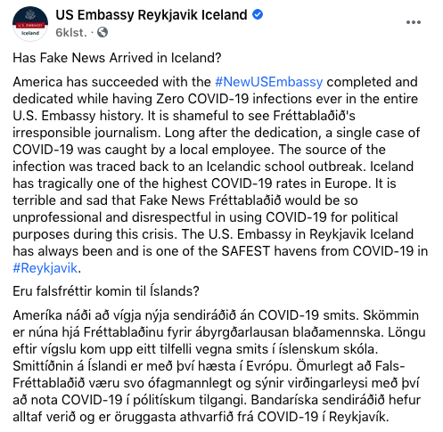 stöðuuppfærsla sendiráðsins á Facebook.