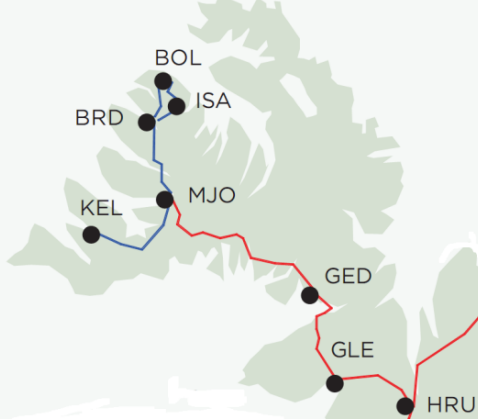 Flutningskerfi Landsnets á Vestfjörðum. Vesturlína frá Hrútatungu að Mjólká er 160 kílómetrar. Mynd: Landsnet