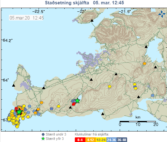 Skjálftavirknin hefur færst vestar en í hrinunni sem byrjaði í janúar.
