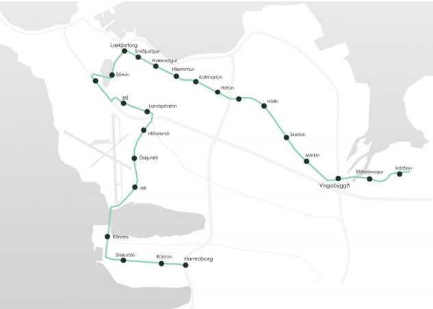 Tillaga að legu fyrstu lotu borgarlínu samkvæmt. samgöngusáttmála.