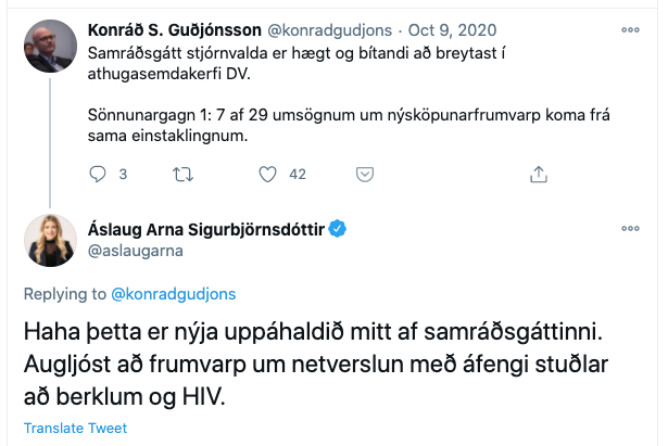 Skjáskot af dómsmálaráðherra í góðu tómi að gera lítið úr þátttöku almennings á vinnslustigi frumvarps.