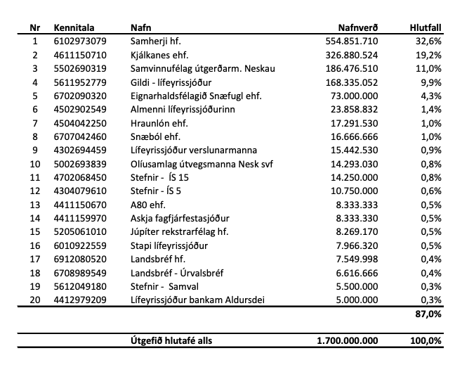 20 stærstu hluthafar eftir almennt útboð.