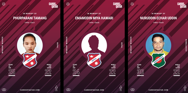 Það sem er sérstakt við spjöld þessi er að í stað þess að á þeim séu myndir og upplýsingar um landsliðsmenn í knattspyrnu eru þar að finna sögur verkafólks sem látist hafa við undirbúning mótsins.