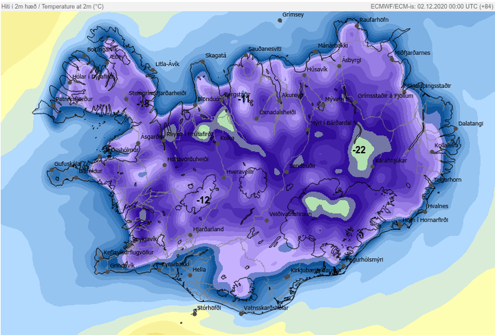 Hitaspá á hádegi á laugardag: Fjólublái liturinn táknar frost á bilinu 12-20 stig.