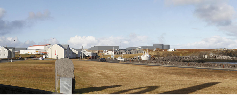 Mynd úr frummatsskýrslunni sem á að sýna ásýnd fullbyggðrar verksmiðju frá Reykjanesbæ.