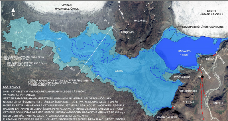 Tilhögun fyrirhugaðrar Hagavatnsvirkjunar eins og hún er kynnt í tillögu að matsskýrslu.