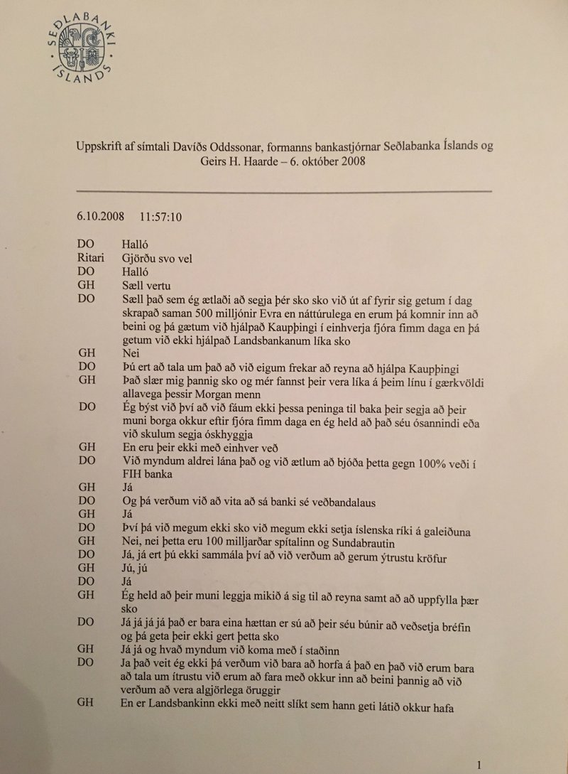 Endurrit af símtali Davíðs og Geirs, síða 1.