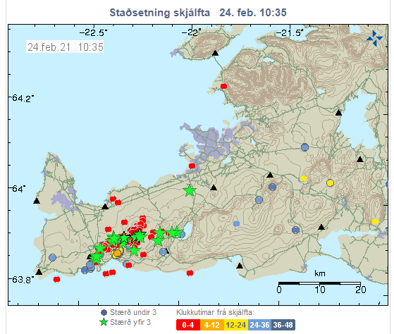 Myndin sýnir fjölda skjálfta á síðustu klukkustundum eins og staðan var kl. 10.35 í morgun.