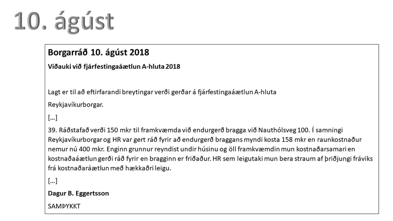 Úr viðauka við fjárfestingaáætlun dagsett 10. ágúst