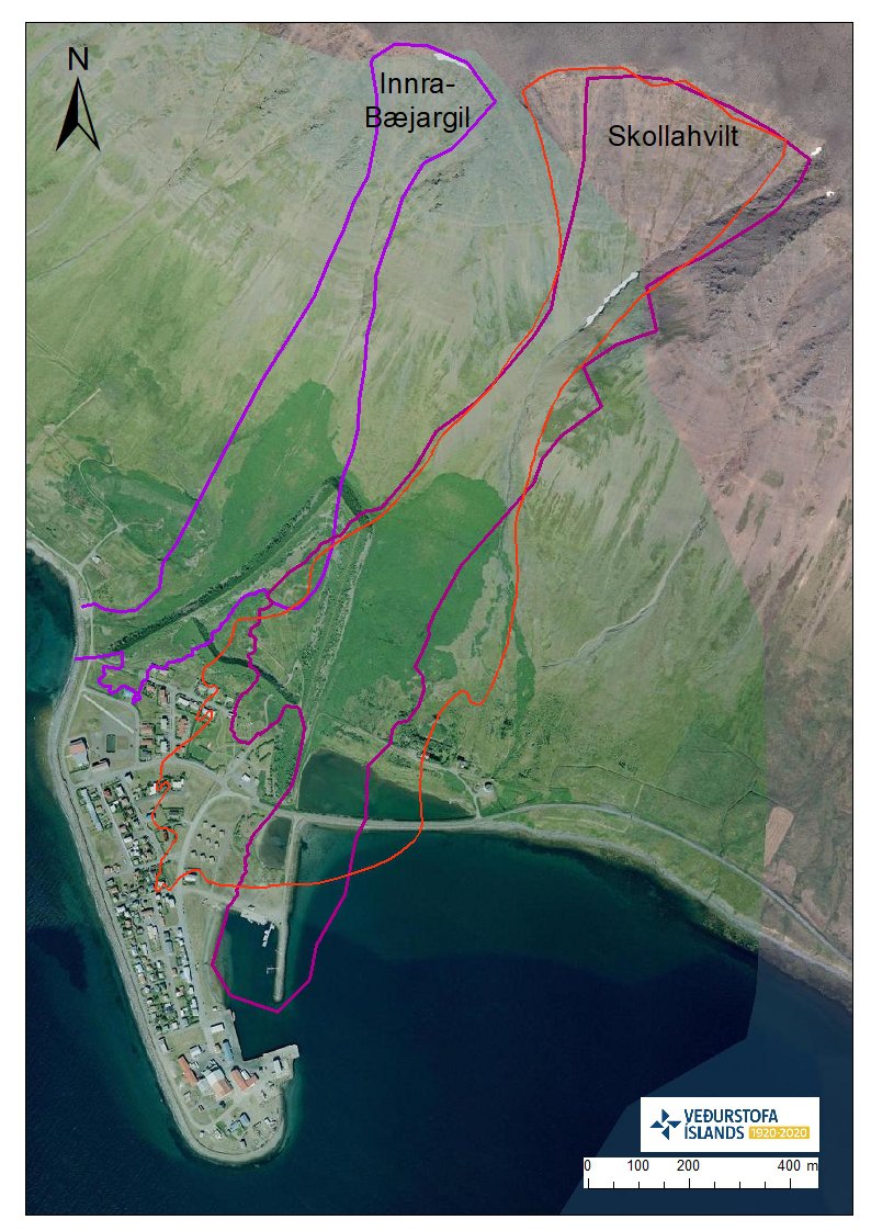 Útlínur snjóflóðanna úr Skollahvilft og Innra-Bæjargili þann 14. janúar 2020 (breiðir ferlar) og snjóflóðsins 26. október 1995 (rauð mjórri ferill). Kort: Veðurstofan