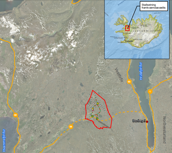 Vindorkugarðurinn er fyrirhugaður á Laxárdalsheiði, skammt frá Borðeyri.Mynd: Úr skýrslu Quadran