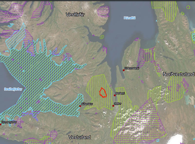 Fyrirhugað framkvæmdasvæði er merkt með rauðu fyrir miðri mynd og mikilvægt svæði fyrir fuglalíf og líffræðilegan fjölbreytileika með gulum. Mynd: Quadran