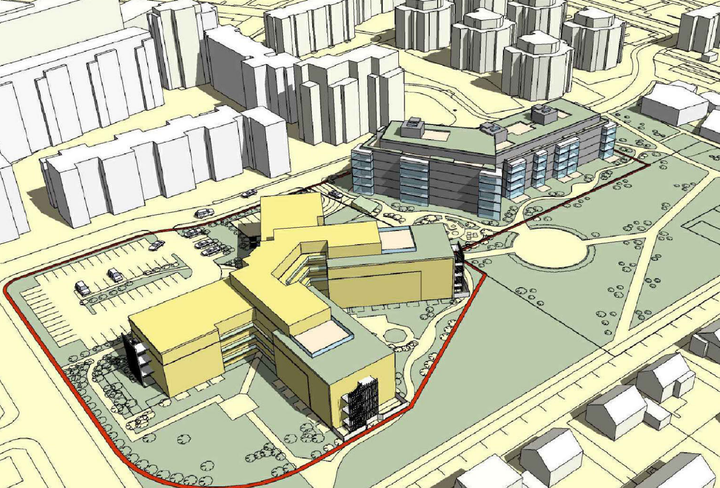 Í Sóltúni 2 (t.v.) er í dag rekið hjúkrunarheimili. Til stendur að stækka það hús og byggja svo allt að 79 íbúðir í stakstæðu fjölbýlishúsi við Sóltún 4 sem er til hægri á teikningunni. Gildandi skipulag gerir ráð fyrir hjúkrunarrýmum þar.