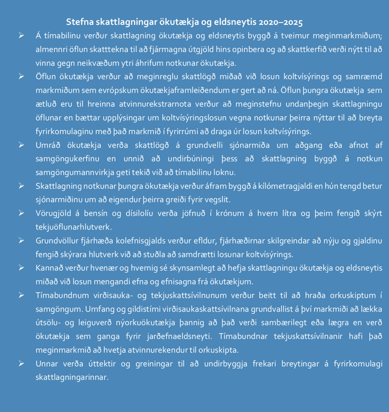 Stefna skattlagningar ökutækja og eldsneytis 2020–2025. Mynd: Skjáskot úr skýrslu