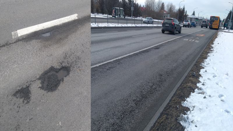 Strætóakrein er mikið verr farin, þrátt fyrir minni umferð
