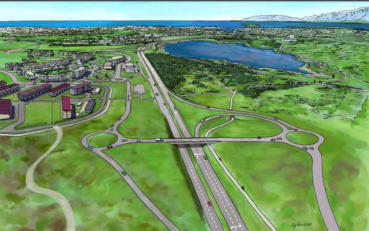 Möguleg útfærsla  fyrir mislæg vegamót við Norðlingavað.