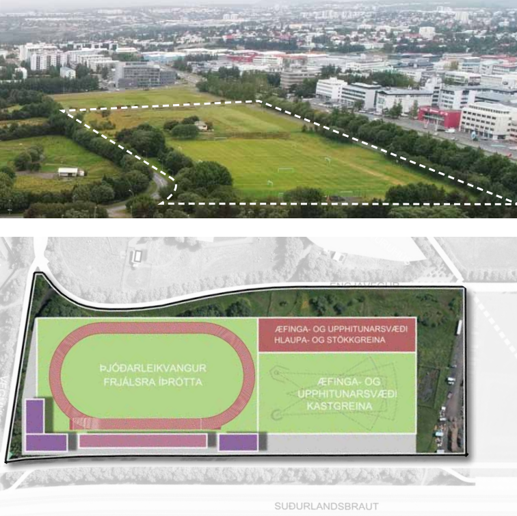 Þetta svæði er ætlað undir nýjan þjóðarleikvang frjálsíþrótta á Íslandi.