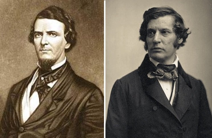 Brooks (t.v.) móðgaðist gríðarlega fyrir hönd frænda síns og heimaríkis eftir harðorða ræðu Sumners (t.h.).