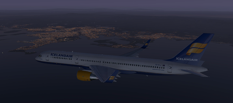 Svandís að fljúga framhjá Reykavík að nóttu til.