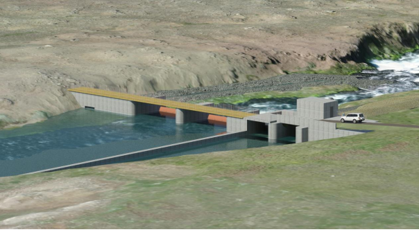 Fyrirhuguð stíflu- og inntaksmannvirki Svartárvirkjunar, horft yfir Svartá til norðvesturs í þrívíðu líkani. Teikning úr matsskýrslu