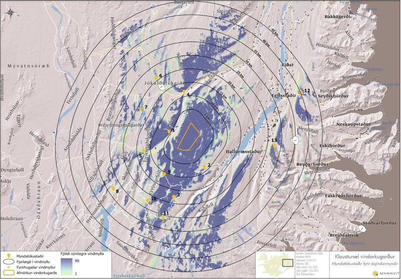 Kort sem á að gefa hugmynd um hvaðan 200 metra háar vindrafstöðvar Klausturselsvirkjunar myndu sjást. Stuðlagil er í nágrenni punkts sem merktur er 5. Bílastæðið sem ferðamenn nota til að komast að svæðinu er merkt nr. 1. Mynd: Úr matsáætlun