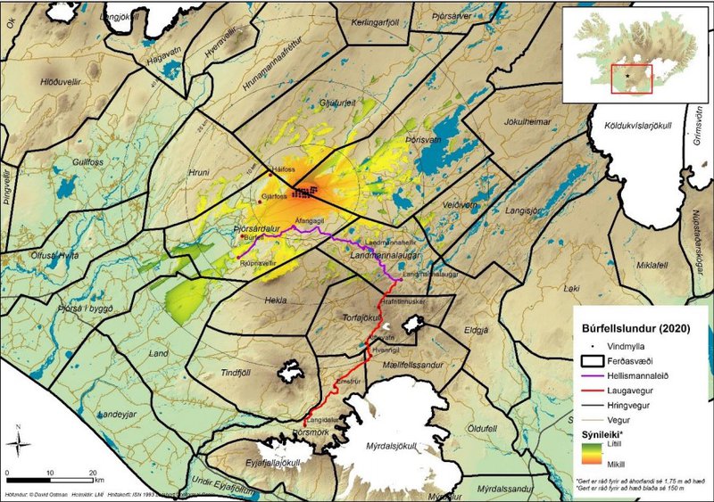 Sýnileiki hins áformaða Búrfellslundar. Myndin er úr skýrslu verkefnisstjórnar 4. áfanga rammaáætlunar.