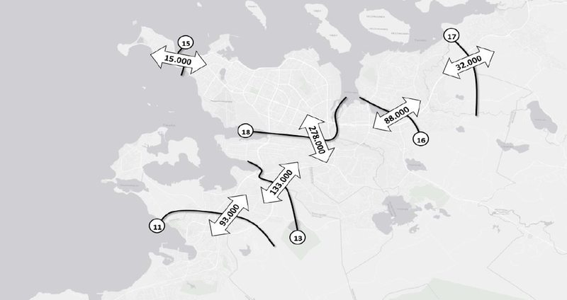 Þrátt fyrir að fyrirliggjandi greiningum hafi helst verið horft til þess að skoða gjaldtöku á þeim ás sem þverar Fossvogsdalinn og Elliðaár, eru einnig teiknaðir upp fleiri umferðarásar þar sem gjaldtaka gæti verið möguleg. Tollahlið á Seltjarnarnes virðist ekki óhugsandi framtíðarmúsík, samkvæmt þessu. Mynd: Úr minnisblaði Betri samgangna