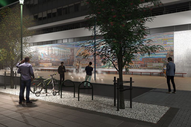 Þokulúðrar, nokkurs konar vatnsskúlptúrar, verða á torginu fyrir framan listaverk Gerðar Helgadóttur. Mynd: Tölvuteikning