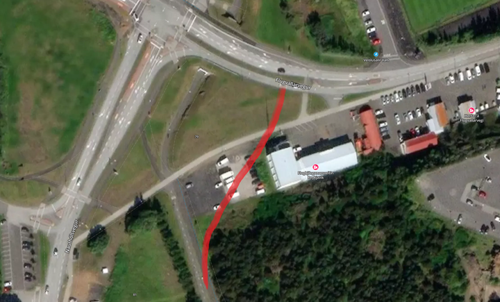 Um það bil svona mun nýr göngu og hjólastígur við rætur Öskjuhlíðarinnar tengjast inn að hverfinu við Hlíðarenda, en til stendur að byggja húsnæði ofan á núverandi legu stígsins.