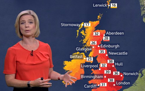 Veðurspá BBC í morgun. Enn meiri hita er nú spáð.