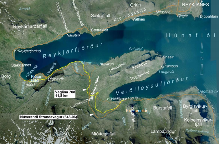 Nýja veglínan er gul en núverandi vegur er appelsínugulur. Mynd: Vegagerðin