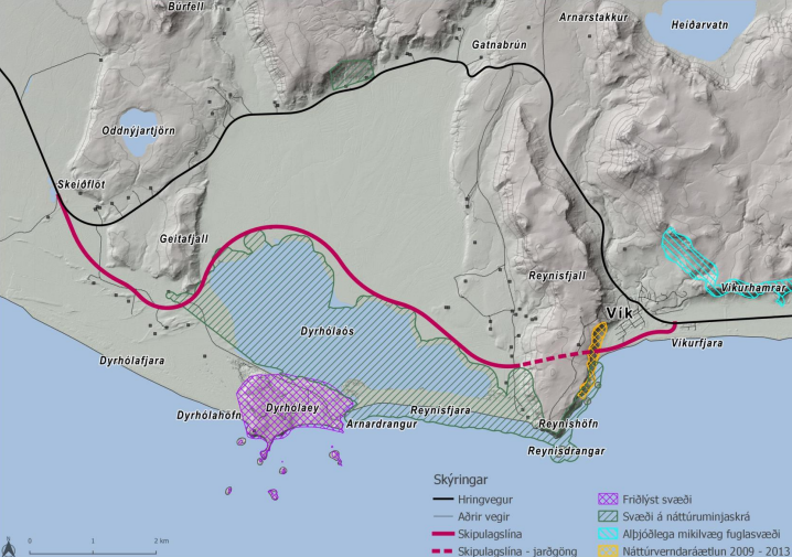 Á þetta kort af verndarsvæðum á framkvæmdasvæðinu vantar upplýsingar um svæði sem Náttúrufræðistofnun hefur lögum samkvæmt tilnefnt á framkvæmdaáætlun náttúruminjaskrár. Mynd: Úr drögum að matsáætlun