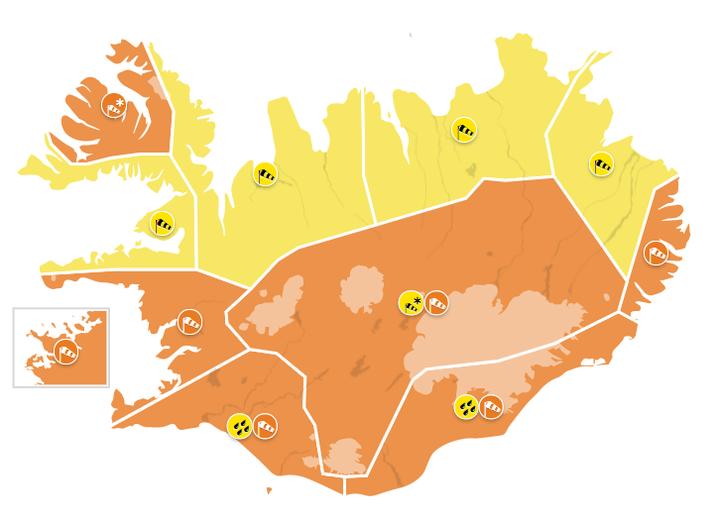 Appelsínugul viðvörun er í gildi á mest öllu landinu.