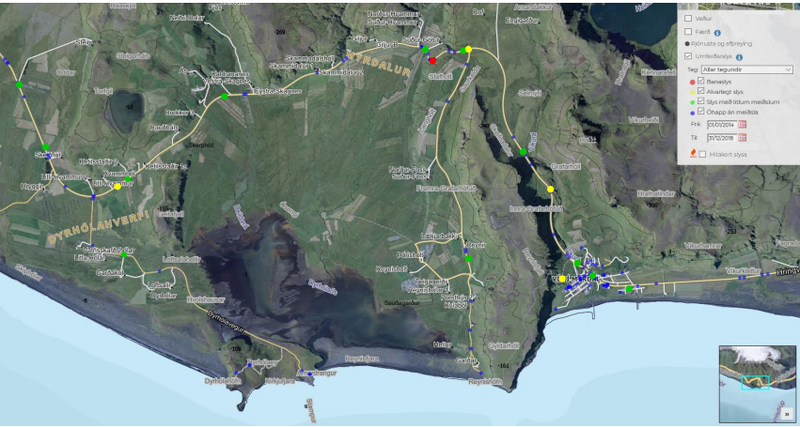 Umferðaróhöpp á árunum 2014-2018 (Samgöngustofa, 2020) þar sem rauður litur táknar banaslys, gulur alvarleg meiðsl á fólki, grænn minni háttar meiðsl á fólki og blár þar sem einungis hafa orðið eignartjón. Mynd: Úr skýrslu Vegagerðarinnar
