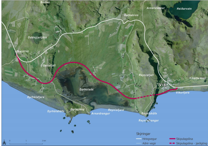 Veglínan, bleikur litur, meðfram sjónum eins og hún er á aðalskipulagi Mýrdalshrepps. Mynd: Úr skýrslu Vegagerðarinnar