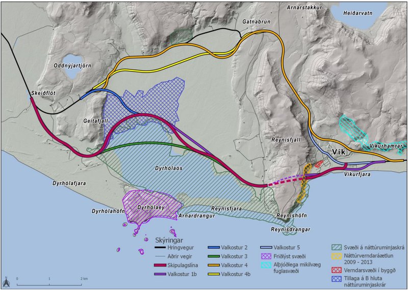 Valkostir vegarins og verndarsvæði. Mynd: Vegagerðin