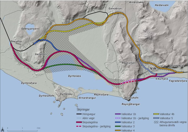 Þeir valkostir sem verða til skoðunar í mati á umhverfisáhrifum ásamt athugunarsvæði. Nýi valkosturinn, 4b, er gula línan.