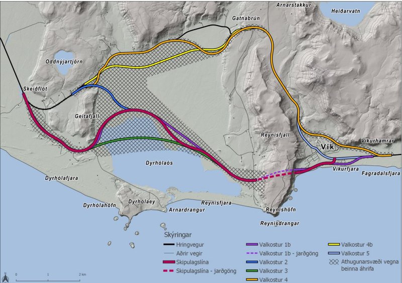 Þeir valkostir sem verða til skoðunar í mati á umhverfisáhrifum ásamt athugunarsvæði. Nýi valkosturinn, 4b, er gula línan. Mynd: Vegagerðin