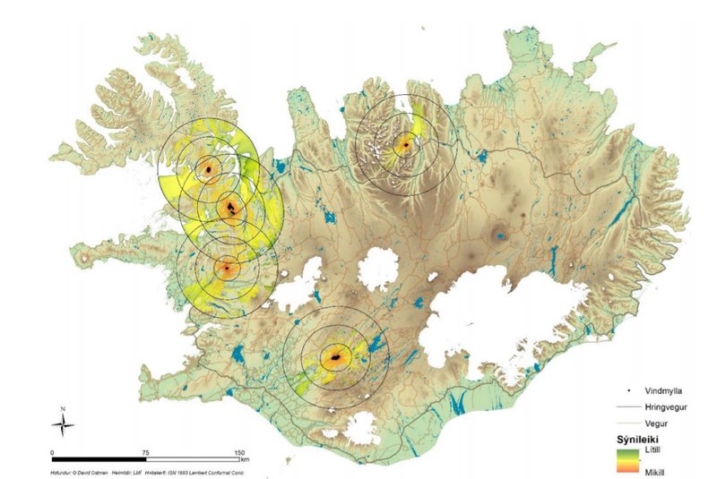 Sýnileiki vindorkuveranna fimm sem voru tekin til mats í 4. áfanga rammaáætlunar. Mynd: Úr skýrslu verkefnisstjórnar rammaáætlunar